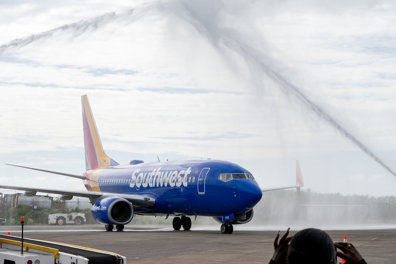 Southwest Boeing 737 receives water cannon salute upon arrival in St. Thomas, U.S. Virgin Islands.